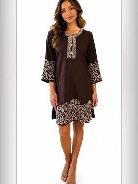 Women's Embroidered Tunic Top - Dark Brown with White Stitching